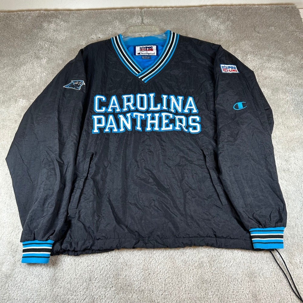VTG Champion Windbreaker Pullover Mens L Black Carolina Panthers NFL Pro Line
